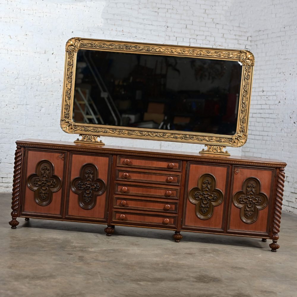 1960’s Italian Gothic Revival Monumental Sideboard with Plastic Accents & Large Gilded Mirror