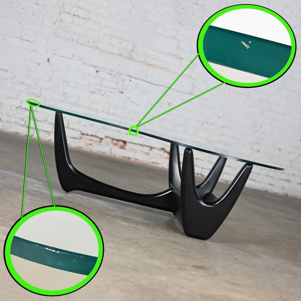 Mid Century Modern Coffee Table with Black Base & Biomorphic Glass Top Style Kroehler Pearsall or Tonk