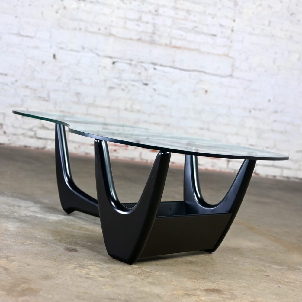 Mid Century Modern Coffee Table with Black Base & Biomorphic Glass Top Style Kroehler Pearsall or Tonk