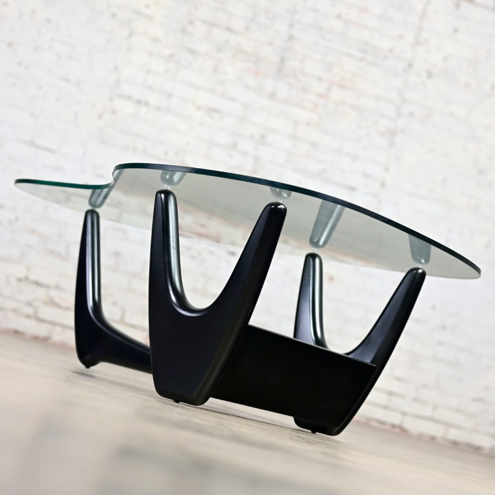 Mid Century Modern Coffee Table with Black Base & Biomorphic Glass Top Style Kroehler Pearsall or Tonk