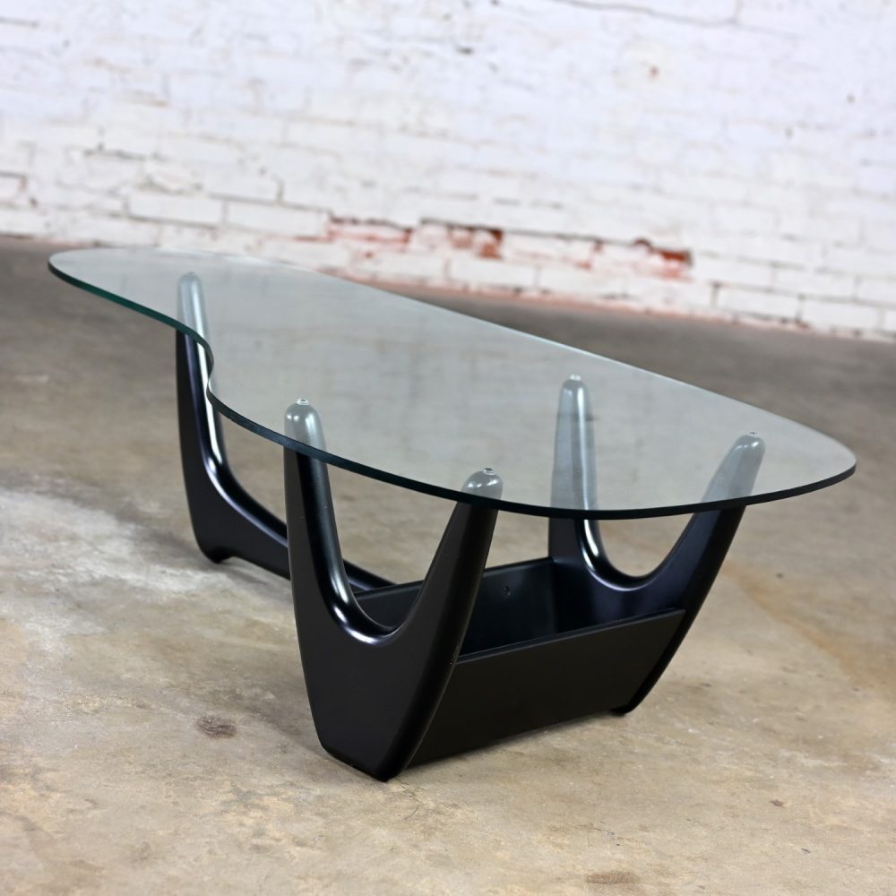 Mid Century Modern Coffee Table with Black Base & Biomorphic Glass Top Style Kroehler Pearsall or Tonk