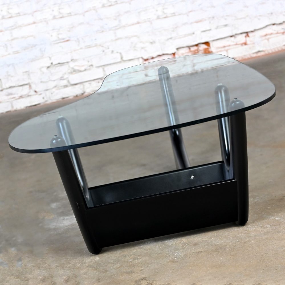 Mid Century Modern Coffee Table with Black Base & Biomorphic Glass Top Style Kroehler Pearsall or Tonk