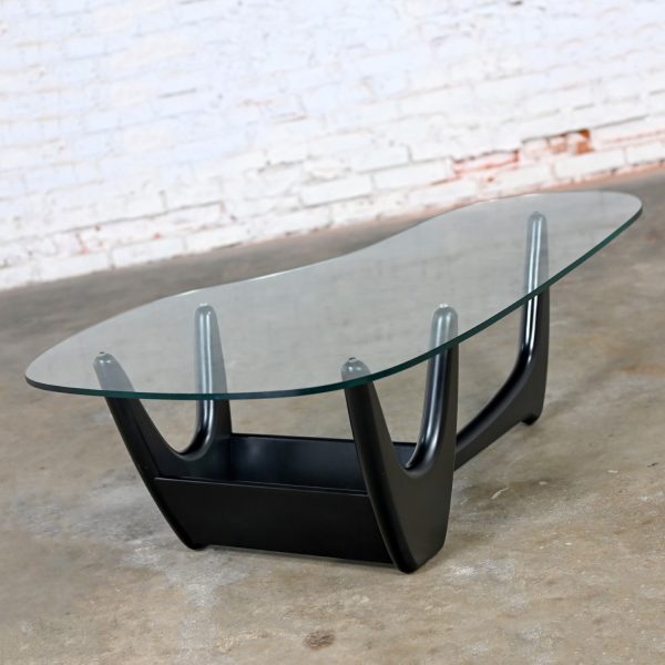 Mid Century Modern Coffee Table with Black Base & Biomorphic Glass Top Style Kroehler Pearsall or Tonk