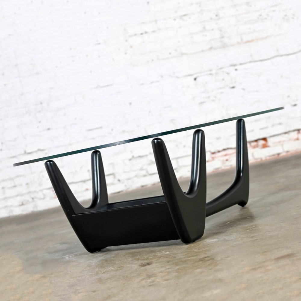 Mid Century Modern Coffee Table with Black Base & Biomorphic Glass Top Style Kroehler Pearsall or Tonk