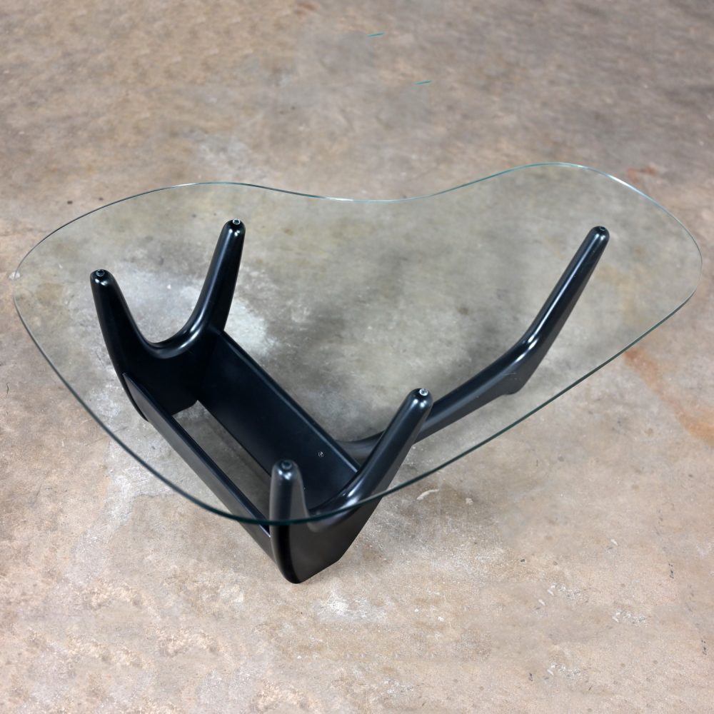 Mid Century Modern Coffee Table with Black Base & Biomorphic Glass Top Style Kroehler Pearsall or Tonk