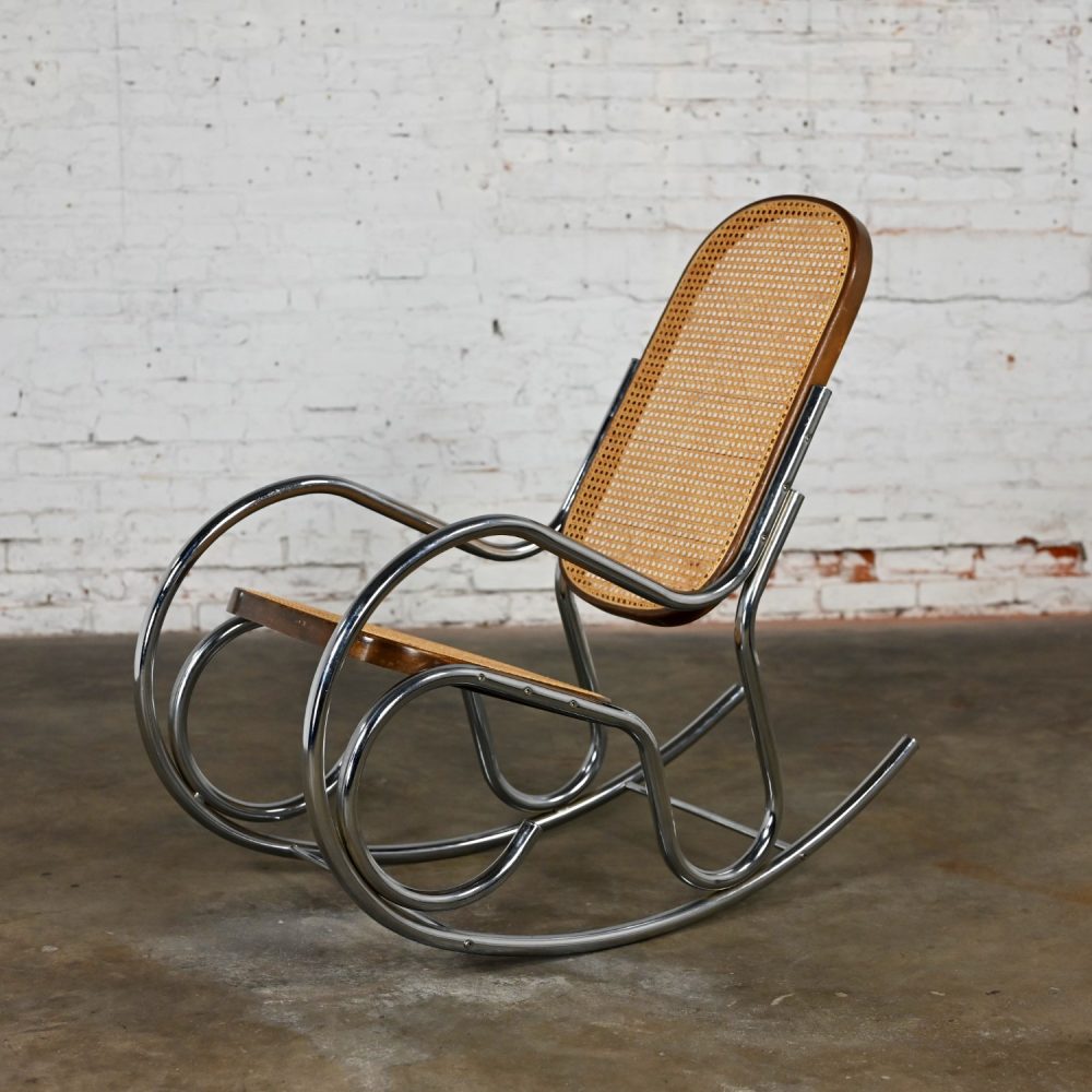 1970’s Bauhaus Style Chrome Tube Bentwood & Cane Rocking Chair or Rocker