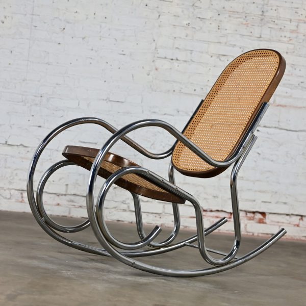 1970’s Bauhaus Style Chrome Tube Bentwood & Cane Rocking Chair or Rocker