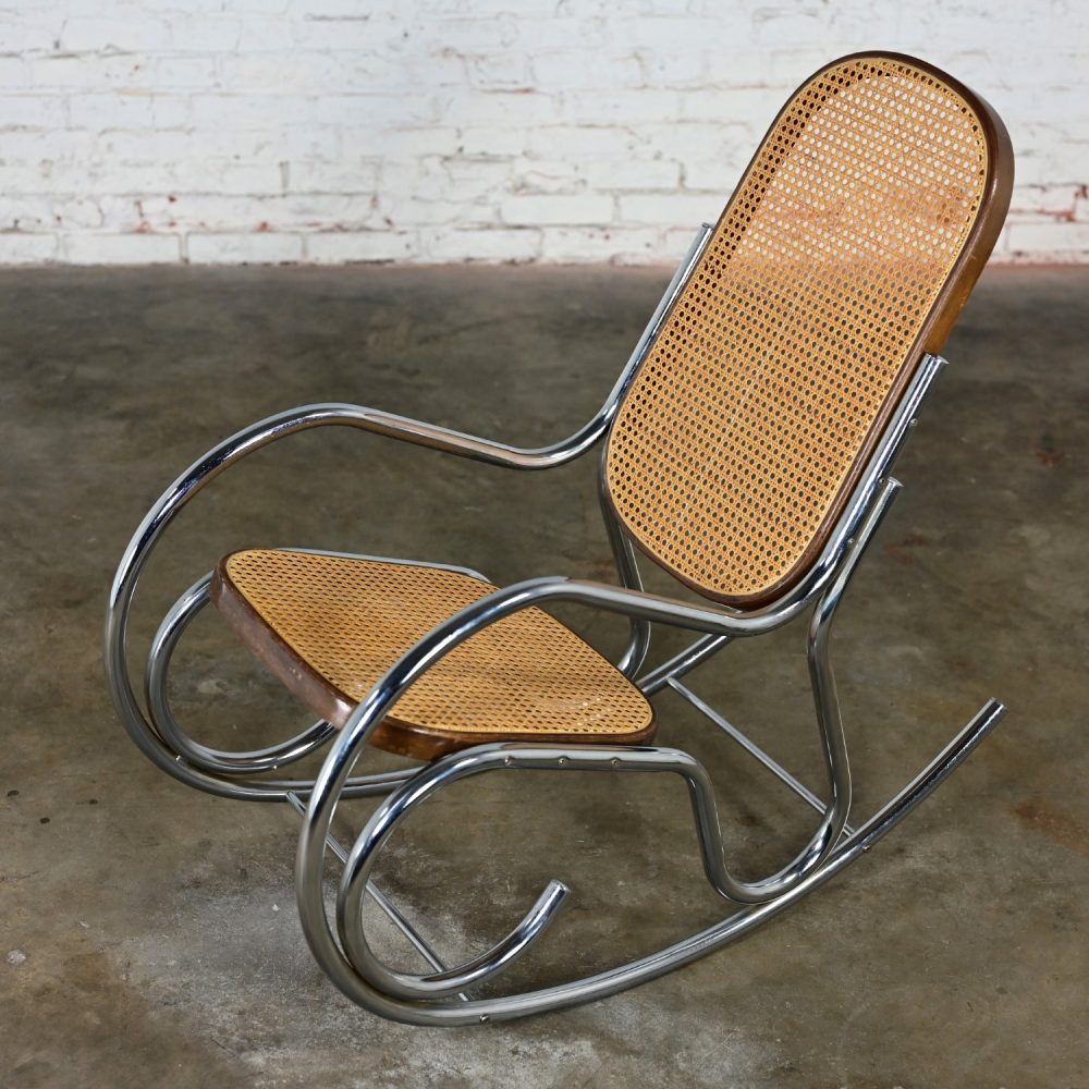 1970’s Bauhaus Style Chrome Tube Bentwood & Cane Rocking Chair or Rocker