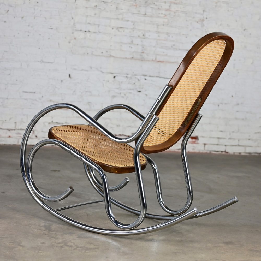 1970’s Bauhaus Style Chrome Tube Bentwood & Cane Rocking Chair or Rocker