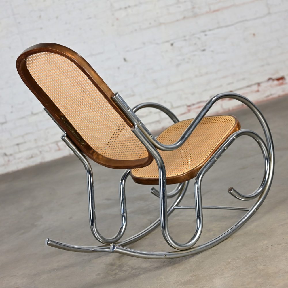 1970’s Bauhaus Style Chrome Tube Bentwood & Cane Rocking Chair or Rocker