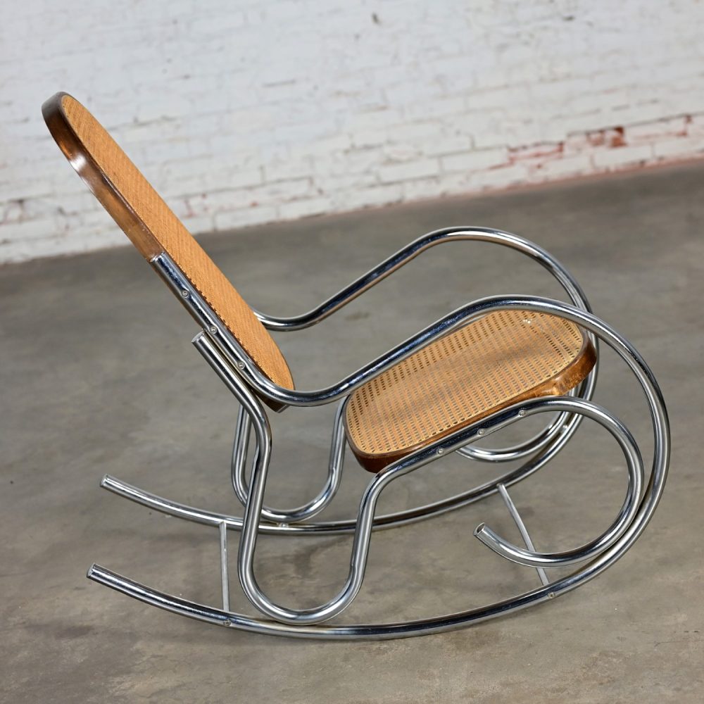 1970’s Bauhaus Style Chrome Tube Bentwood & Cane Rocking Chair or Rocker