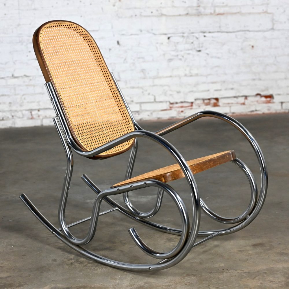 1970’s Bauhaus Style Chrome Tube Bentwood & Cane Rocking Chair or Rocker