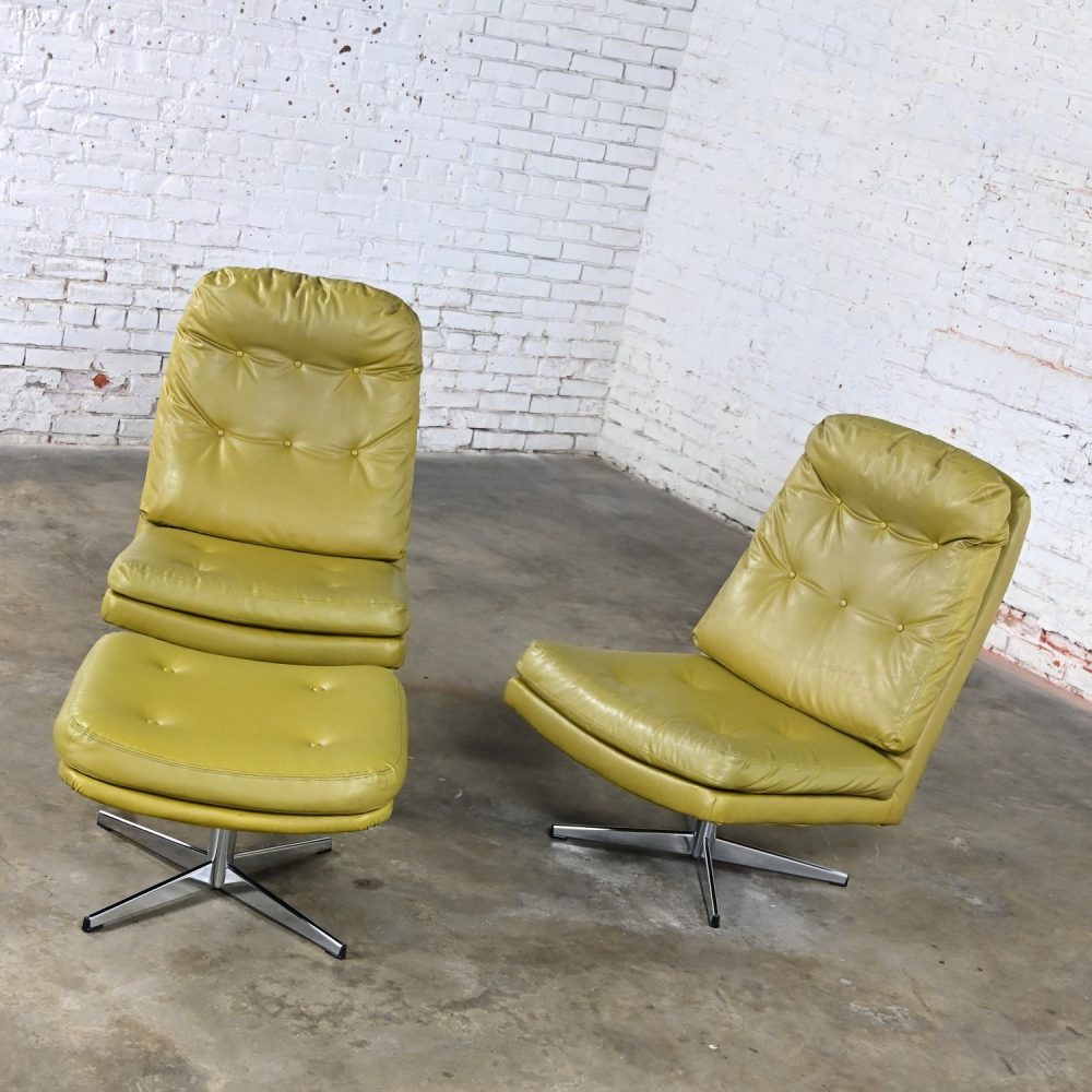 Mid-20th Century Mid Century Modern Pair Chartreuse Faux Leather Swivel Lounge Chairs & One Ottoman Style of Overman