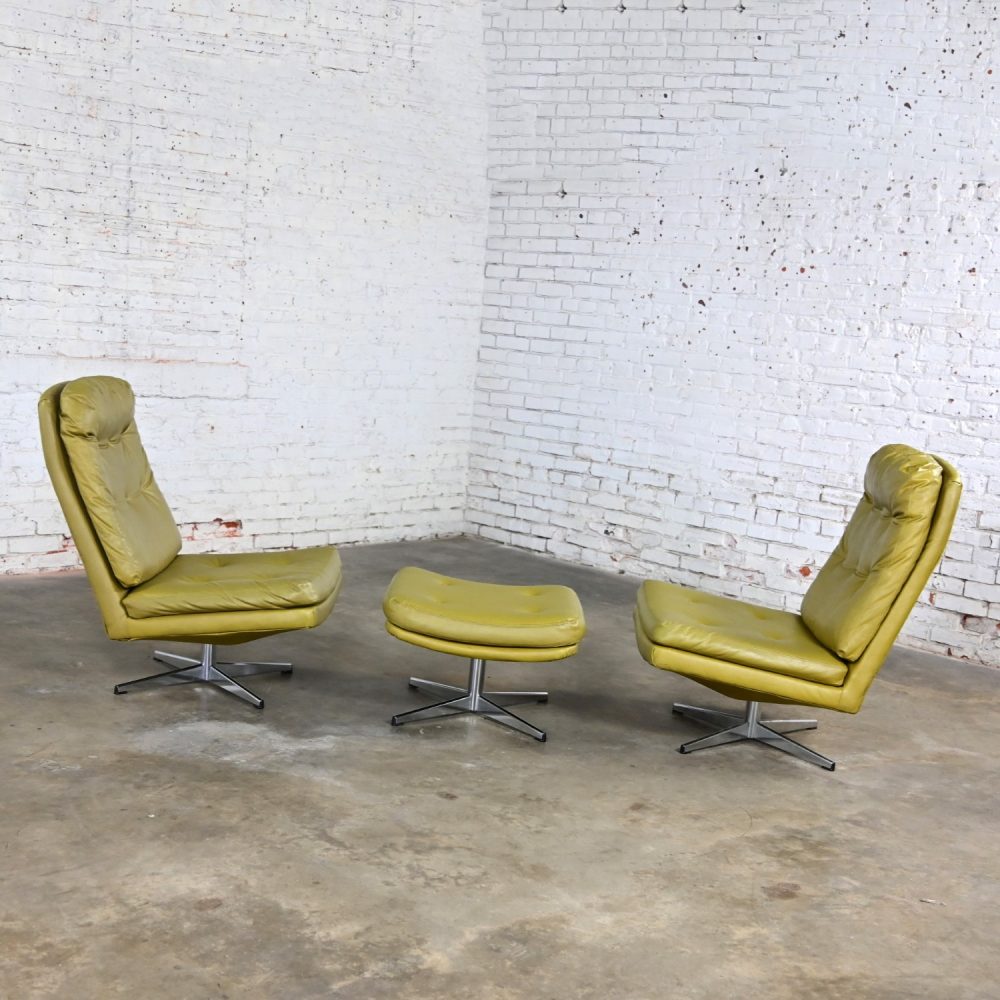 Mid-20th Century Mid Century Modern Pair Chartreuse Faux Leather Swivel Lounge Chairs & One Ottoman Style of Overman