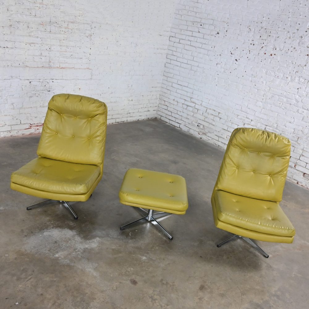 Mid-20th Century Mid Century Modern Pair Chartreuse Faux Leather Swivel Lounge Chairs & One Ottoman Style of Overman