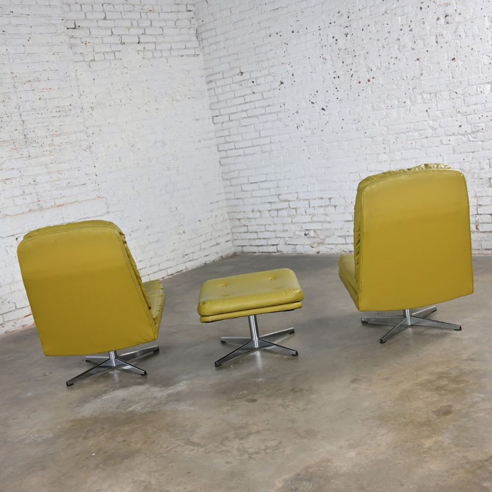 Mid-20th Century Mid Century Modern Pair Chartreuse Faux Leather Swivel Lounge Chairs & One Ottoman Style of Overman