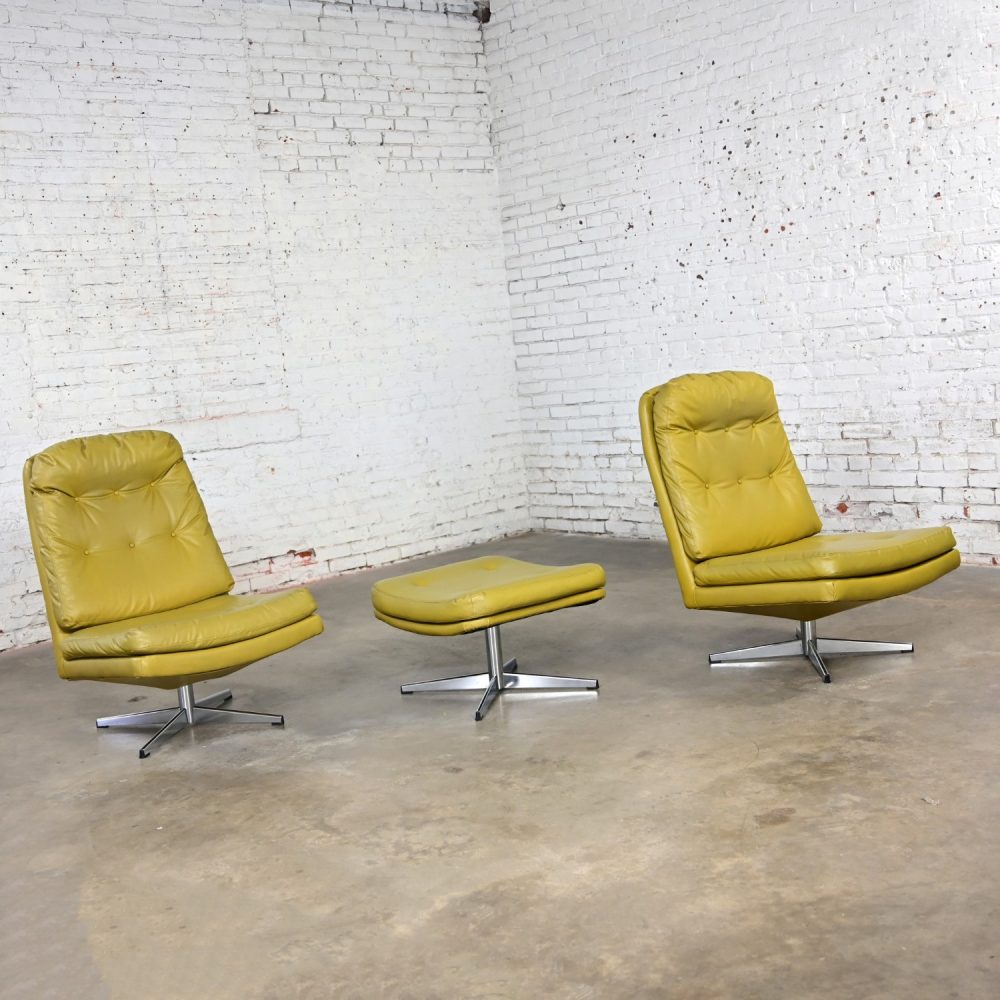 Mid-20th Century Mid Century Modern Pair Chartreuse Faux Leather Swivel Lounge Chairs & One Ottoman Style of Overman