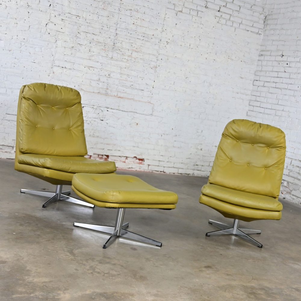 Mid-20th Century Mid Century Modern Pair Chartreuse Faux Leather Swivel Lounge Chairs & One Ottoman Style of Overman