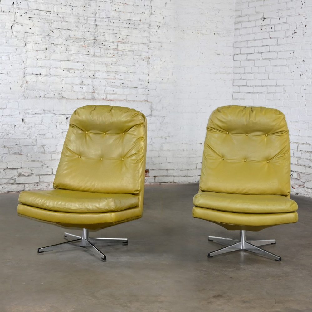 Mid-20th Century Mid Century Modern Pair Chartreuse Faux Leather Swivel Lounge Chairs & One Ottoman Style of Overman