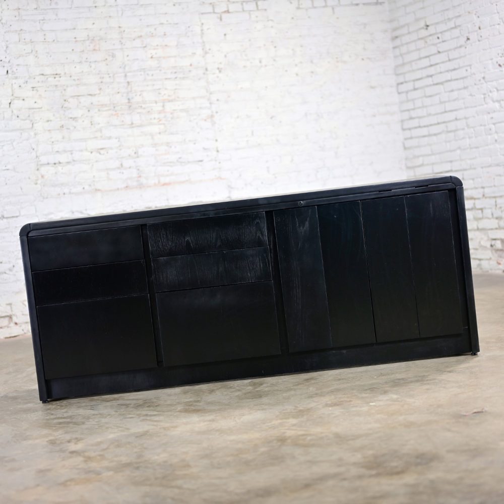 Late 20th Century Modern to Scandinavian Modern Black Painted Oak Waterfall Style Buffet Credenza or Cabinet