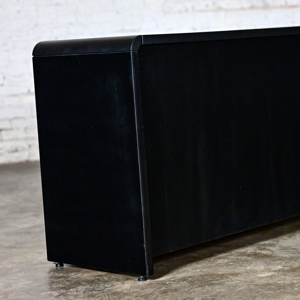 Late 20th Century Modern to Scandinavian Modern Black Painted Oak Waterfall Style Buffet Credenza or Cabinet