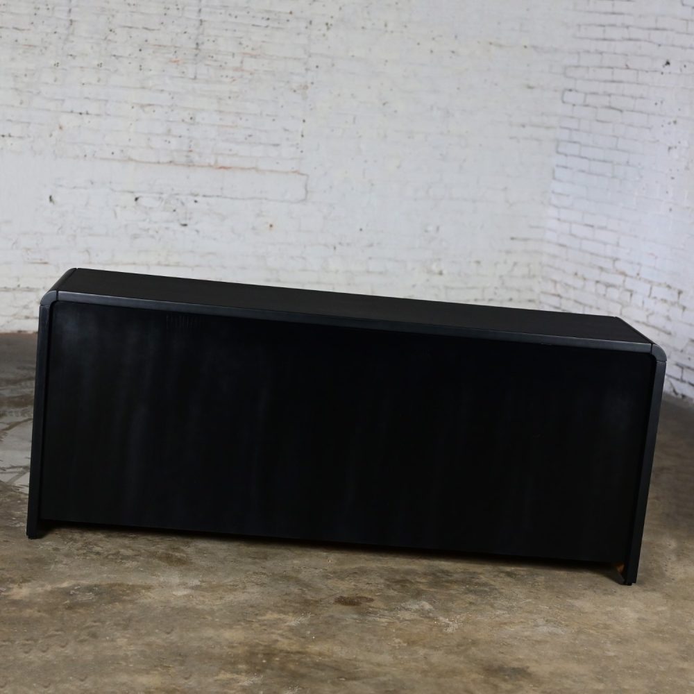 Late 20th Century Modern to Scandinavian Modern Black Painted Oak Waterfall Style Buffet Credenza or Cabinet