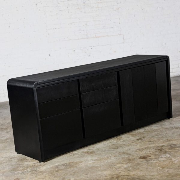 Late 20th Century Modern to Scandinavian Modern Black Painted Oak Waterfall Style Buffet Credenza or Cabinet