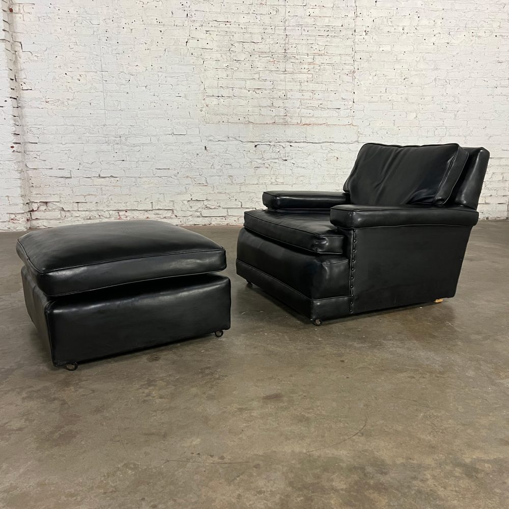 Mid-20th Century Art Deco to Mid Century Modern Black Faux Leather Club Chair & Ottoman with Casters