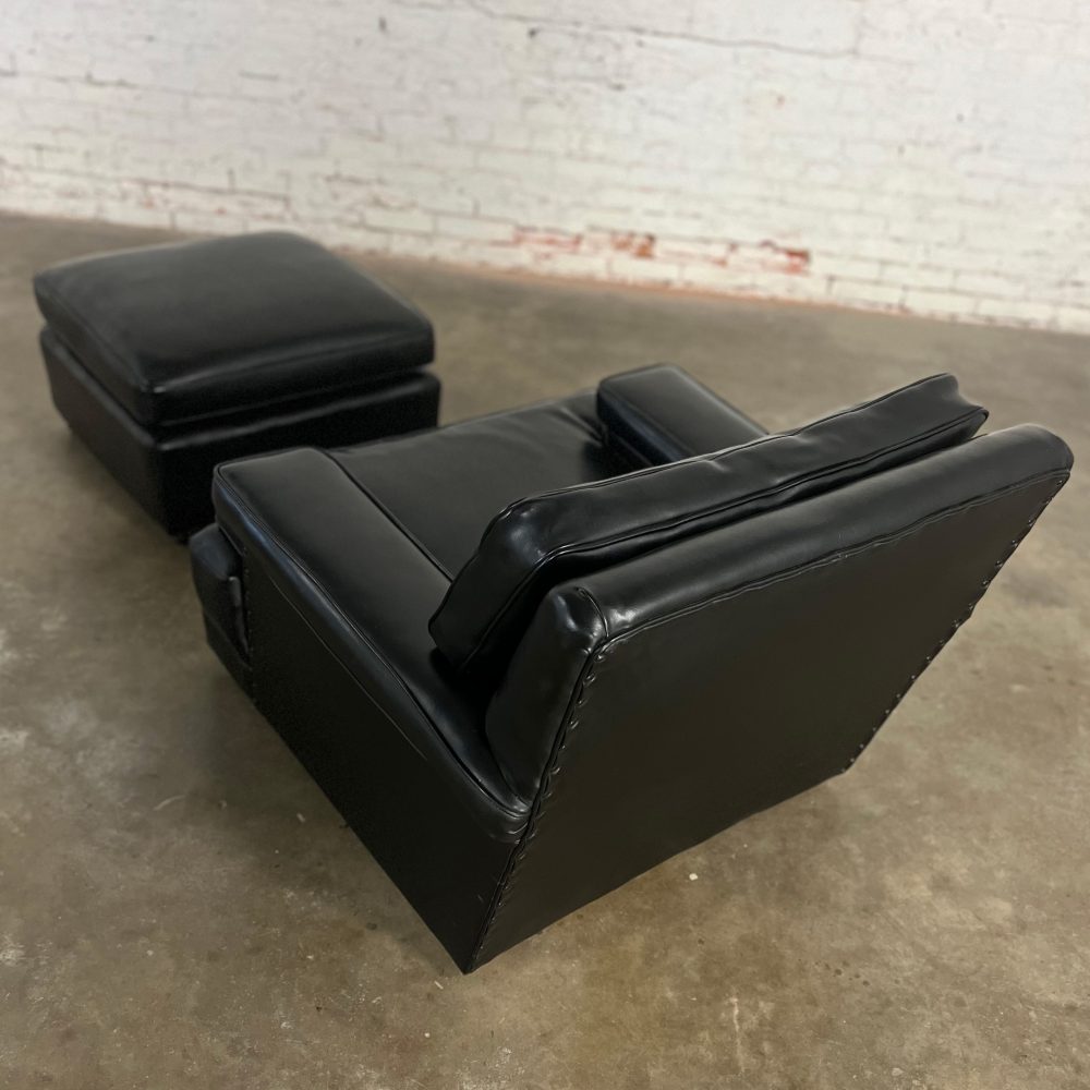 Mid-20th Century Art Deco to Mid Century Modern Black Faux Leather Club Chair & Ottoman with Casters