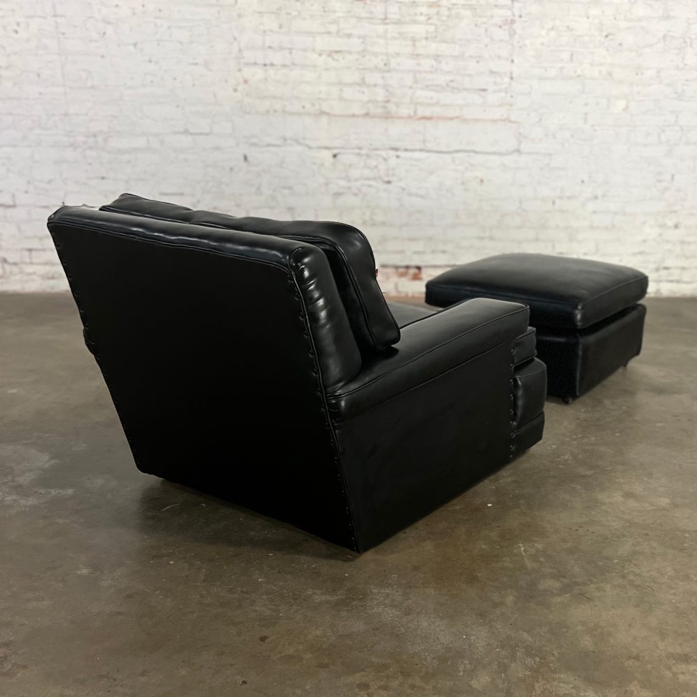 Mid-20th Century Art Deco to Mid Century Modern Black Faux Leather Club Chair & Ottoman with Casters