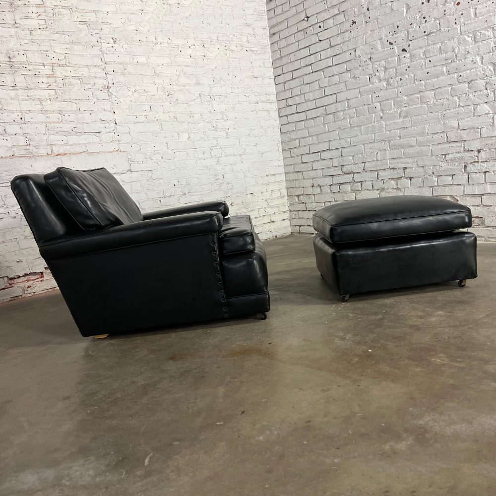 Mid-20th Century Art Deco to Mid Century Modern Black Faux Leather Club Chair & Ottoman with Casters