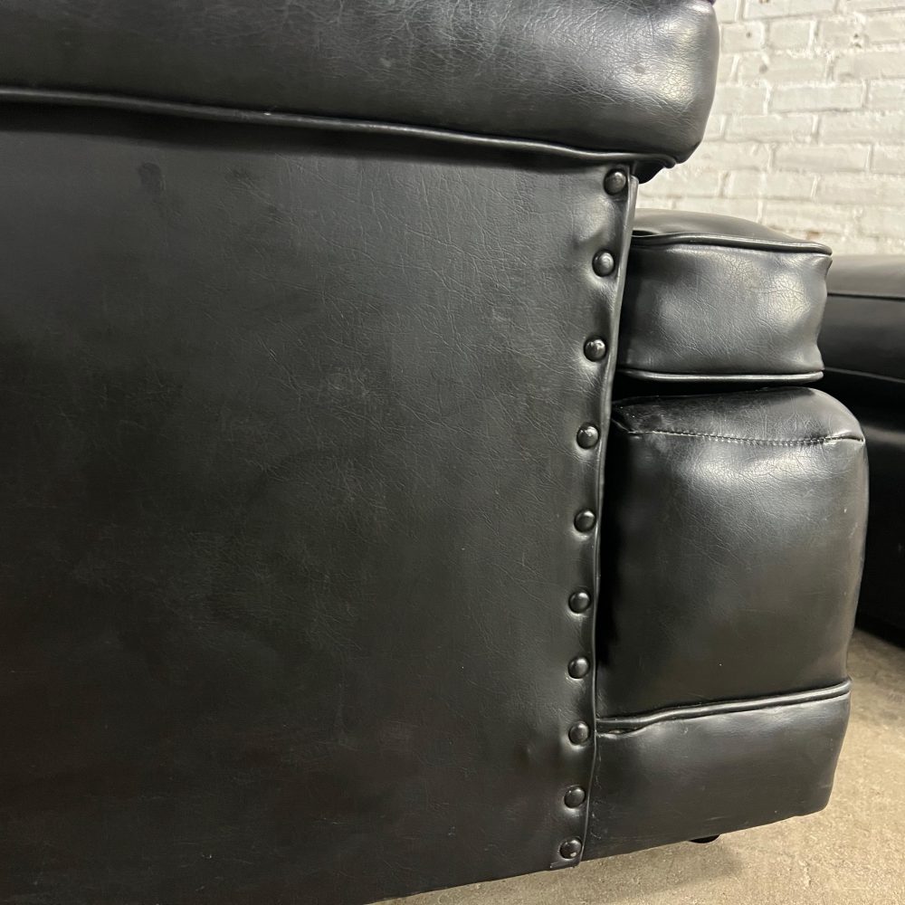 Mid-20th Century Art Deco to Mid Century Modern Black Faux Leather Club Chair & Ottoman with Casters