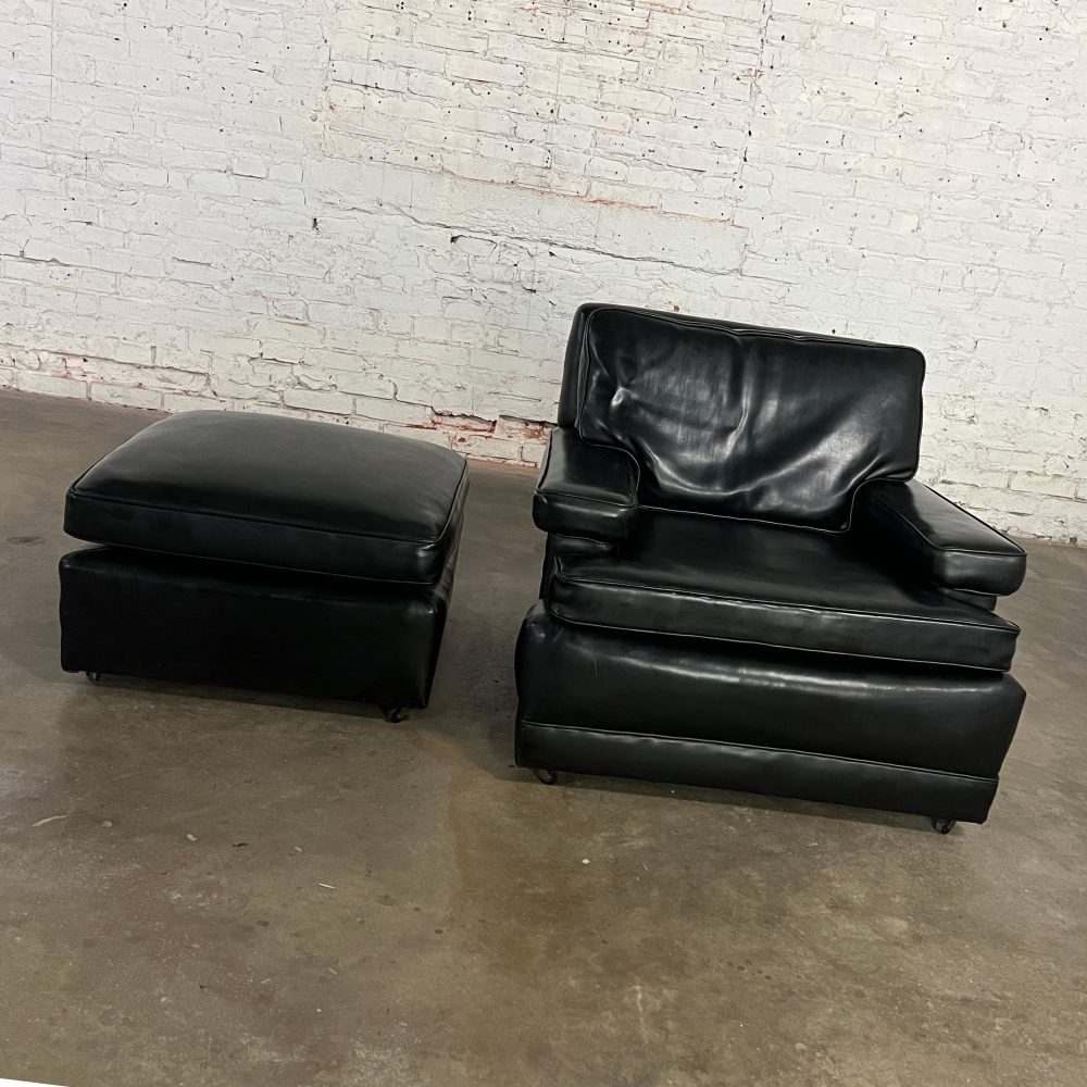 Mid-20th Century Art Deco to Mid Century Modern Black Faux Leather Club Chair & Ottoman with Casters