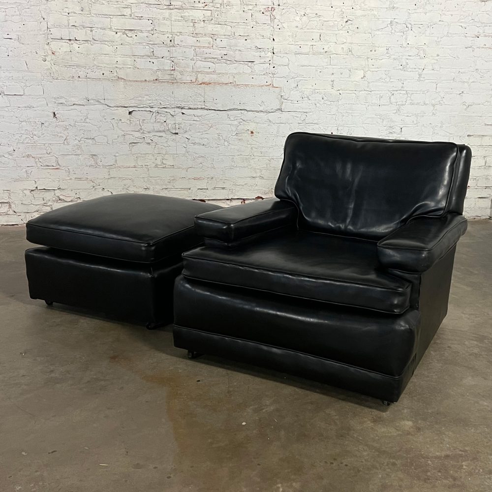 Mid-20th Century Art Deco to Mid Century Modern Black Faux Leather Club Chair & Ottoman with Casters