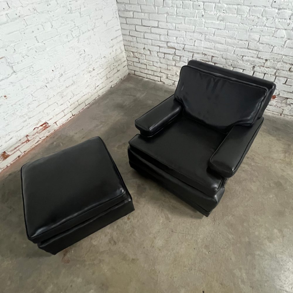 Mid-20th Century Art Deco to Mid Century Modern Black Faux Leather Club Chair & Ottoman with Casters