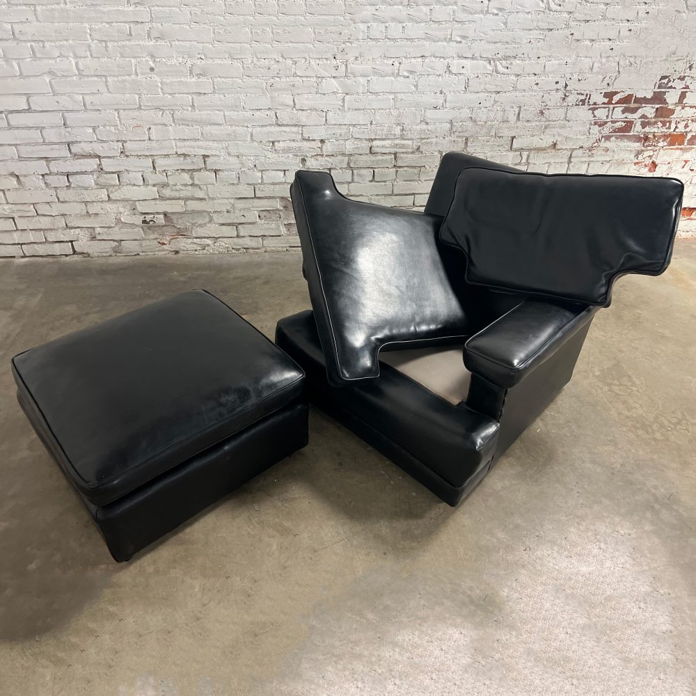 Mid-20th Century Art Deco to Mid Century Modern Black Faux Leather Club Chair & Ottoman with Casters