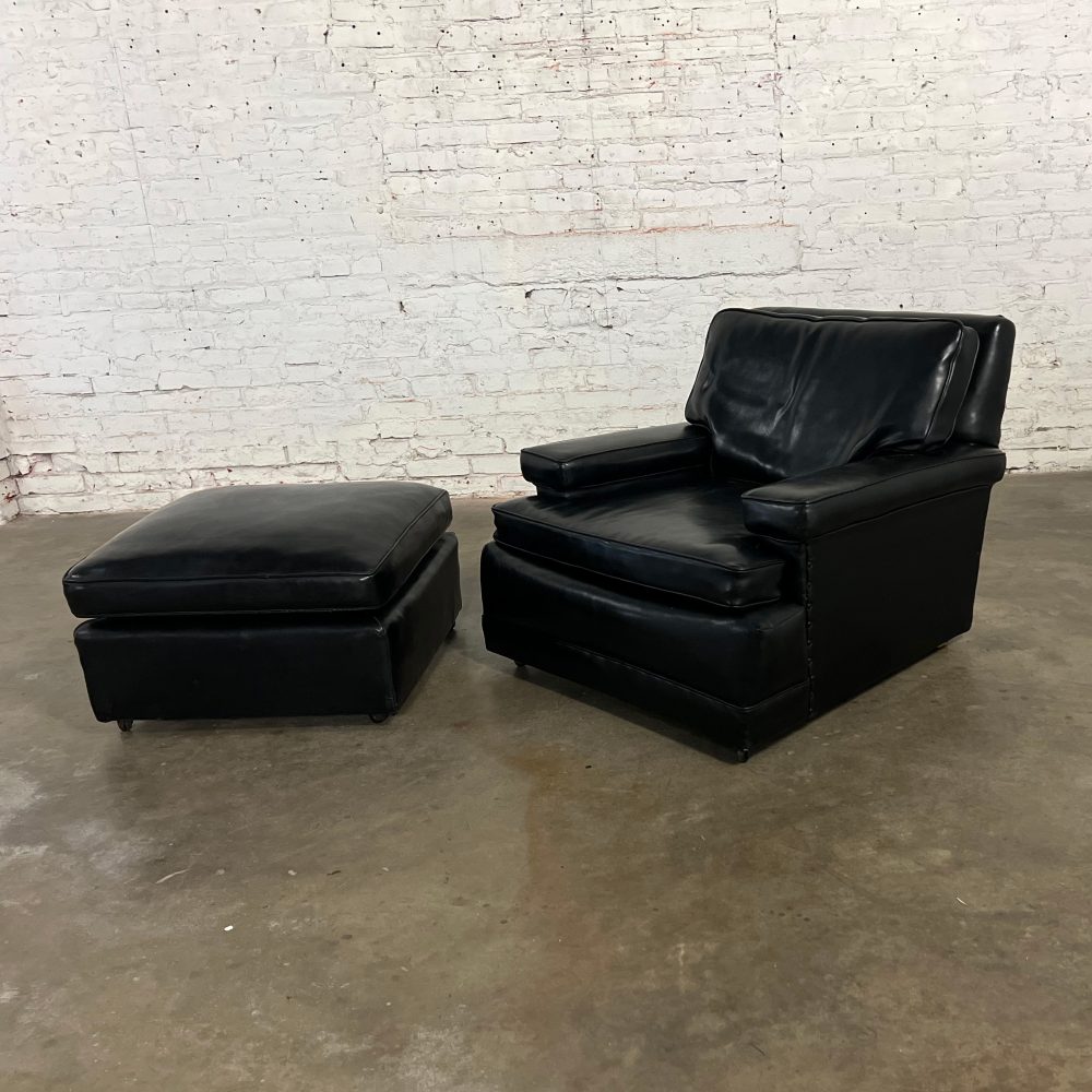 Mid-20th Century Art Deco to Mid Century Modern Black Faux Leather Club Chair & Ottoman with Casters