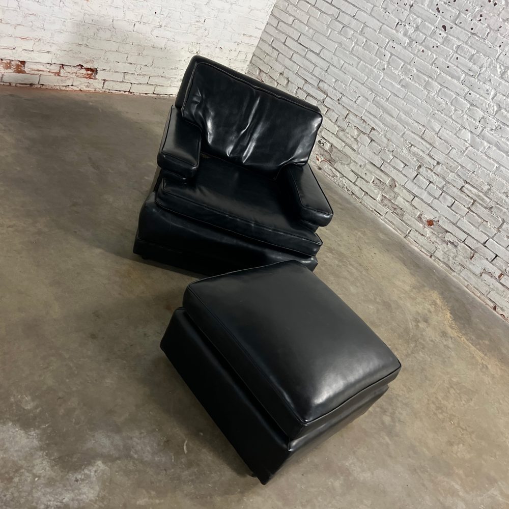 Mid-20th Century Art Deco to Mid Century Modern Black Faux Leather Club Chair & Ottoman with Casters