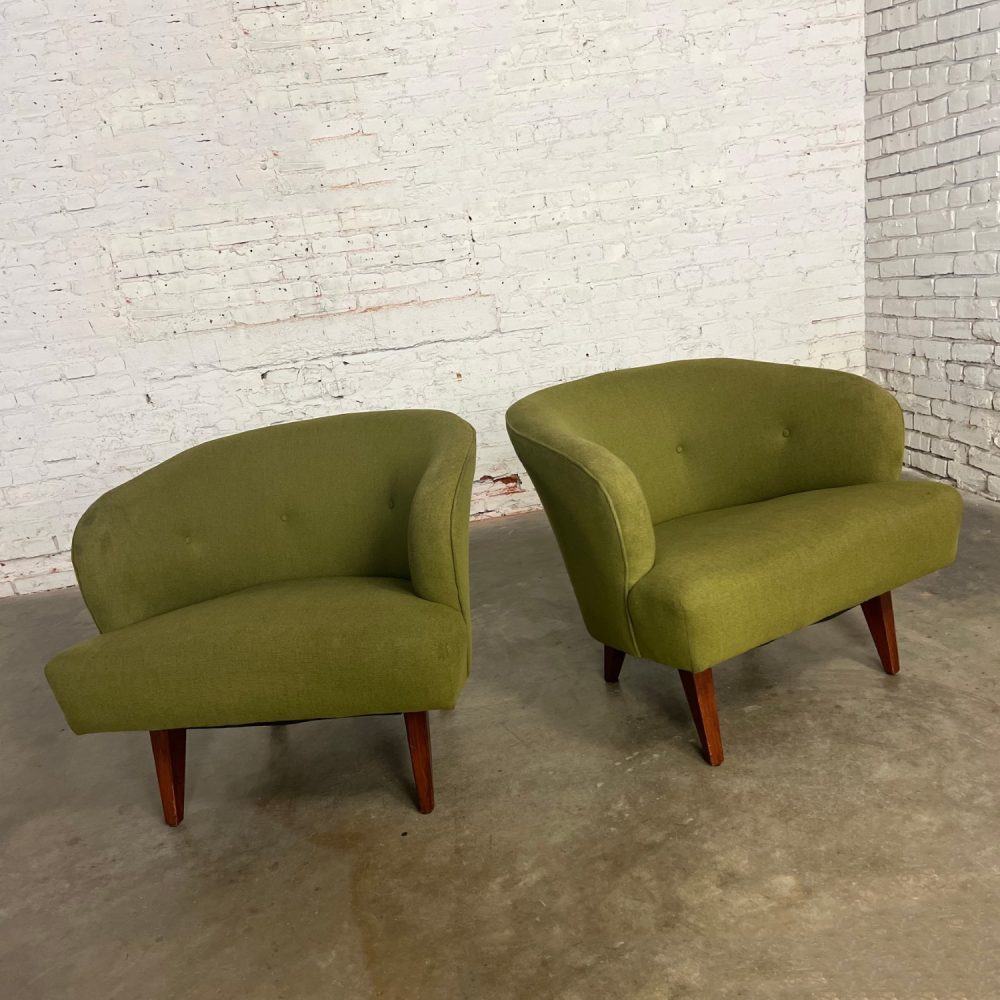 Mid-20th Century Art Deco to Mid-Century Modern Green Bucket or Barrel Style Accent or Lounge Chairs a Pair