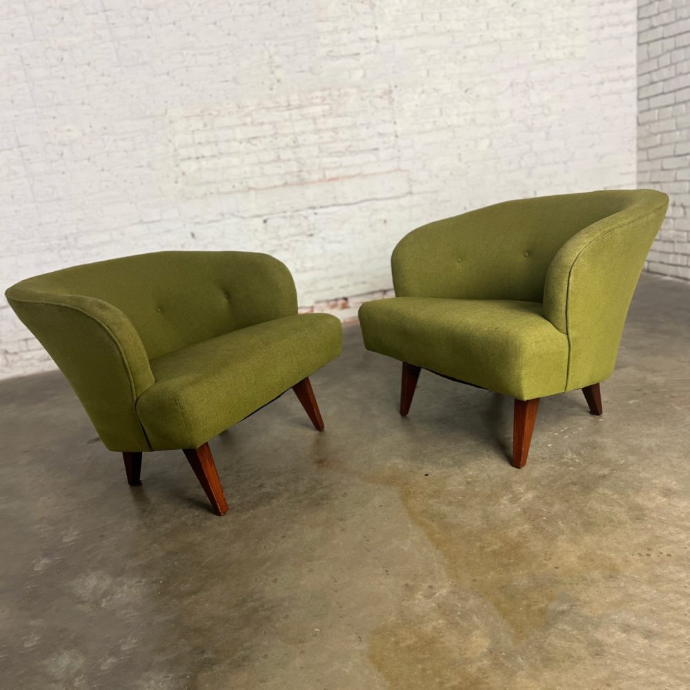 Mid-20th Century Art Deco to Mid-Century Modern Green Bucket or Barrel Style Accent or Lounge Chairs a Pair