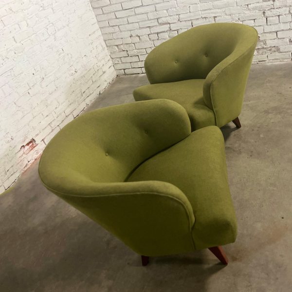 Mid-20th Century Art Deco to Mid-Century Modern Green Bucket or Barrel Style Accent or Lounge Chairs a Pair