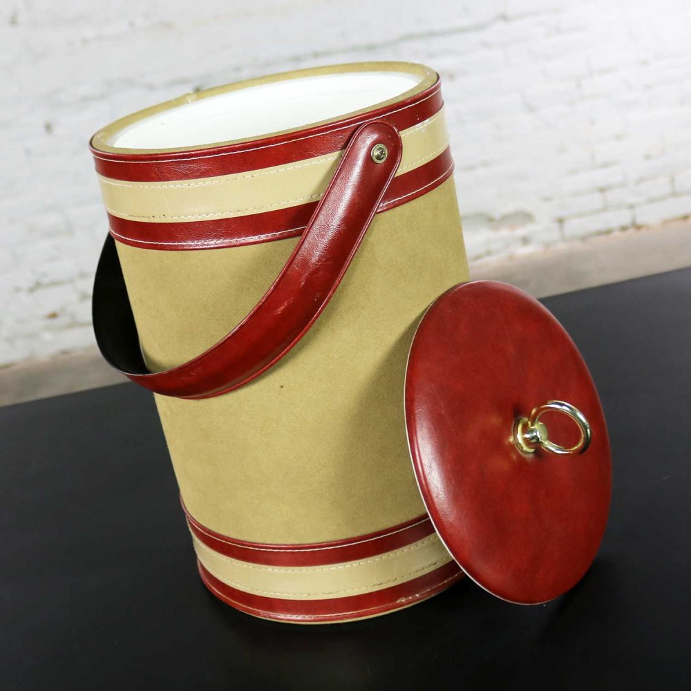 1960 -1970 Mid Century Modern Ice Bucket Signed George Briard Tan & Rust Faux Suede Leather