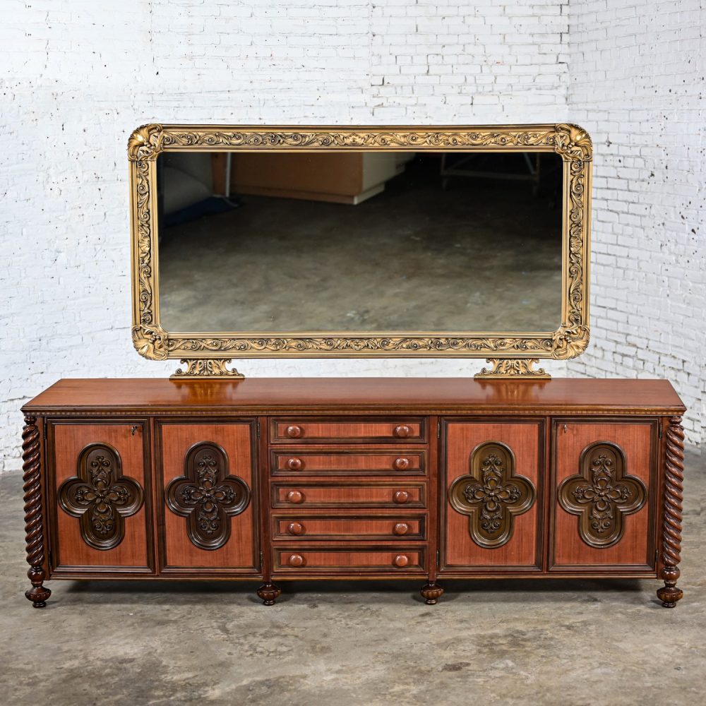 1960’s Italian Gothic Revival Monumental Sideboard with Plastic Accents & Large Gilded Mirror