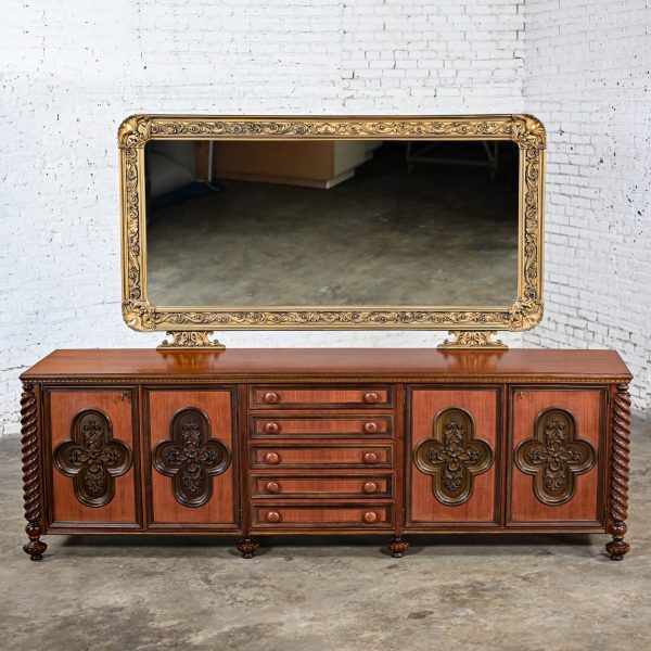 1960’s Italian Gothic Revival Monumental Sideboard with Plastic Accents & Large Gilded Mirror