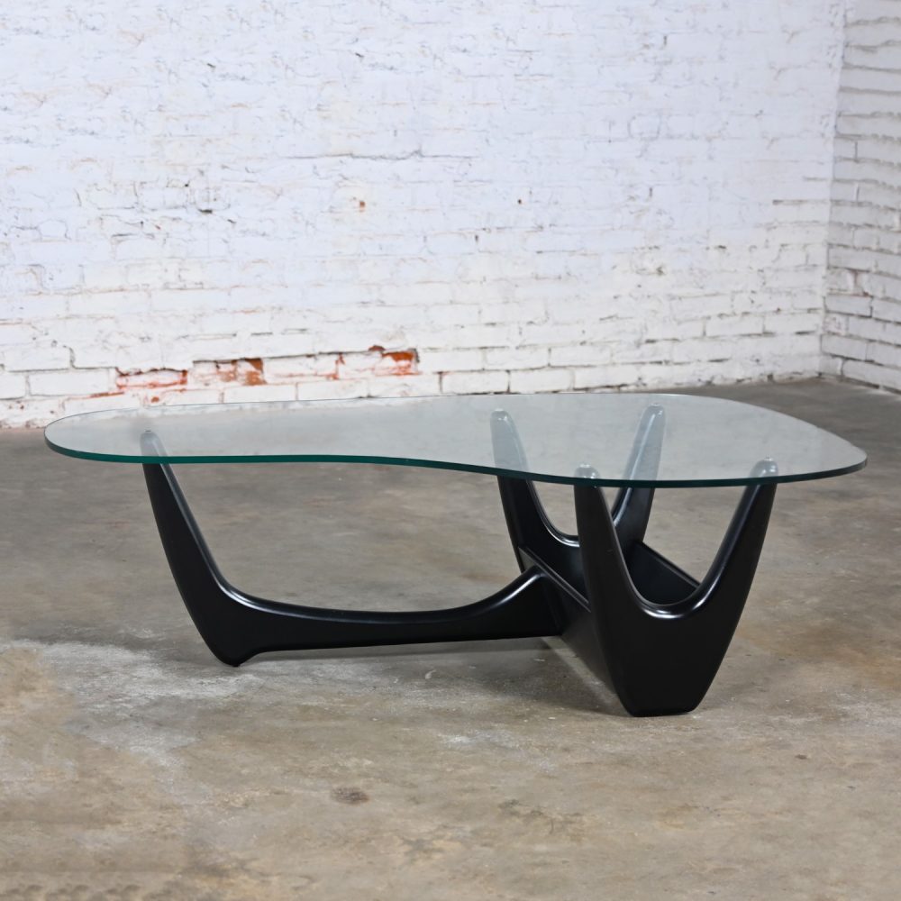 Mid Century Modern Coffee Table with Black Base & Biomorphic Glass Top Style Kroehler Pearsall or Tonk