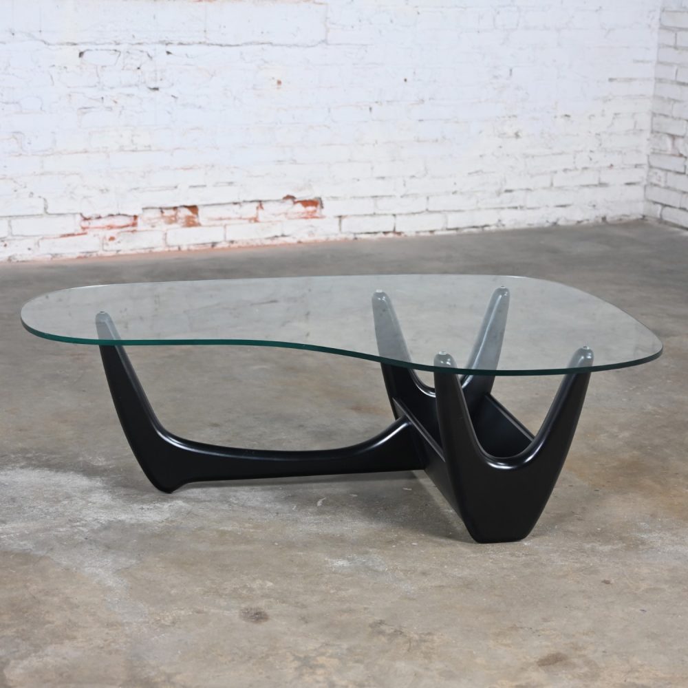 Mid Century Modern Coffee Table with Black Base & Biomorphic Glass Top Style Kroehler Pearsall or Tonk