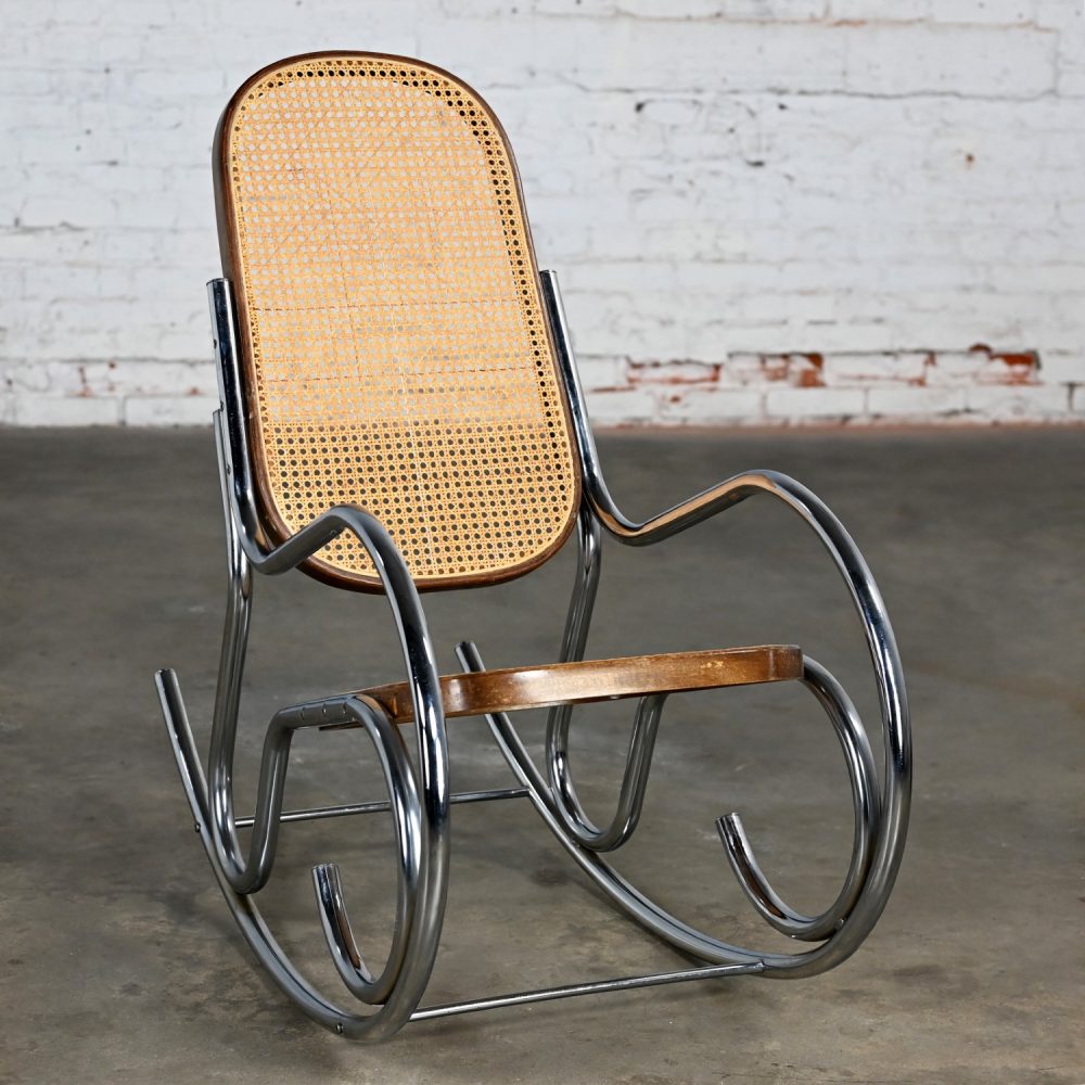 1970’s Bauhaus Style Chrome Tube Bentwood & Cane Rocking Chair or Rocker