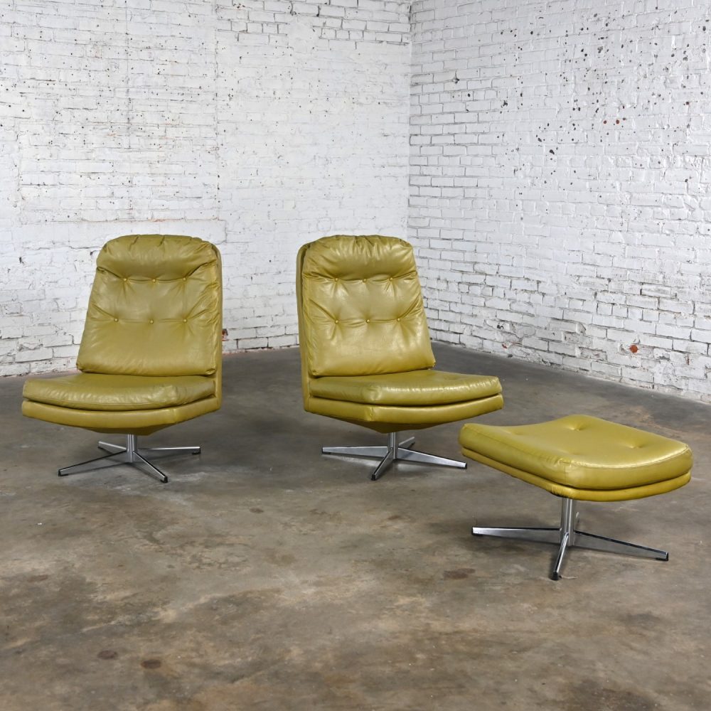 Mid-20th Century Mid Century Modern Pair Chartreuse Faux Leather Swivel Lounge Chairs & One Ottoman Style of Overman