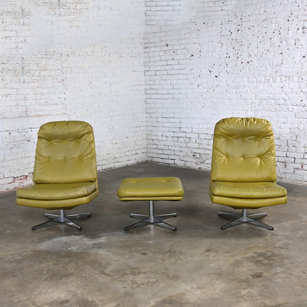 Mid-20th Century Mid Century Modern Pair Chartreuse Faux Leather Swivel Lounge Chairs & One Ottoman Style of Overman