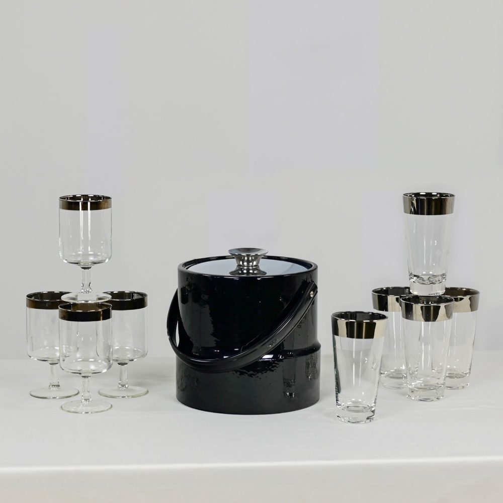 Mid-20th Century MCM Dorothy Thorpe Allegro Style Silver Banded Set 5 Tumblers 4 Stems with Black Kraftware Ice Bucket